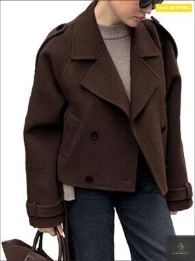 Cropped Wool Pea Coat Elegant Chic Business Casual Loose Fit Winter Jacket